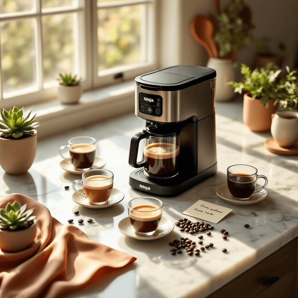Ninja Coffee Makers: Your Ultimate Home Brewing Companion Photorealistic overhead flat lay of a modern kitchen countertop featuring a sleek Ninja coffee maker as the centerpiece of a coffee tasting event, surrounded by glass cups of coffee in various shades, ceramic tasting spoons, handwritten tasting notes, and artfully scattered coffee beans, all under warm golden hour lighting with silk runners and potted succulents.