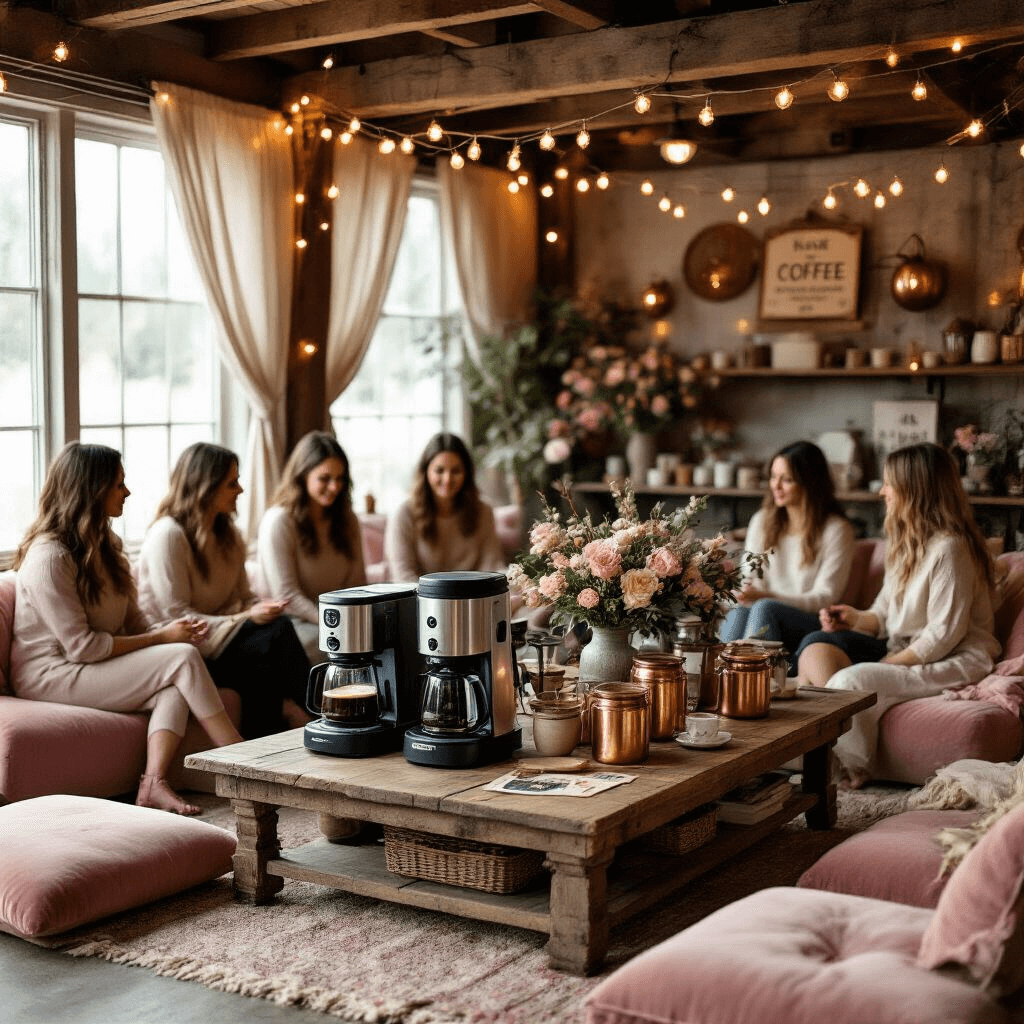 Ninja Coffee Makers: Your Ultimate Home Brewing Companion A cozy living room transformed into a coffee brewing workshop, featuring a rustic wood table with Ninja coffee makers and vintage accessories, plush velvet cushions, soft fairy lights, fresh florals, and handcrafted signage in a warm, inviting ambiance.