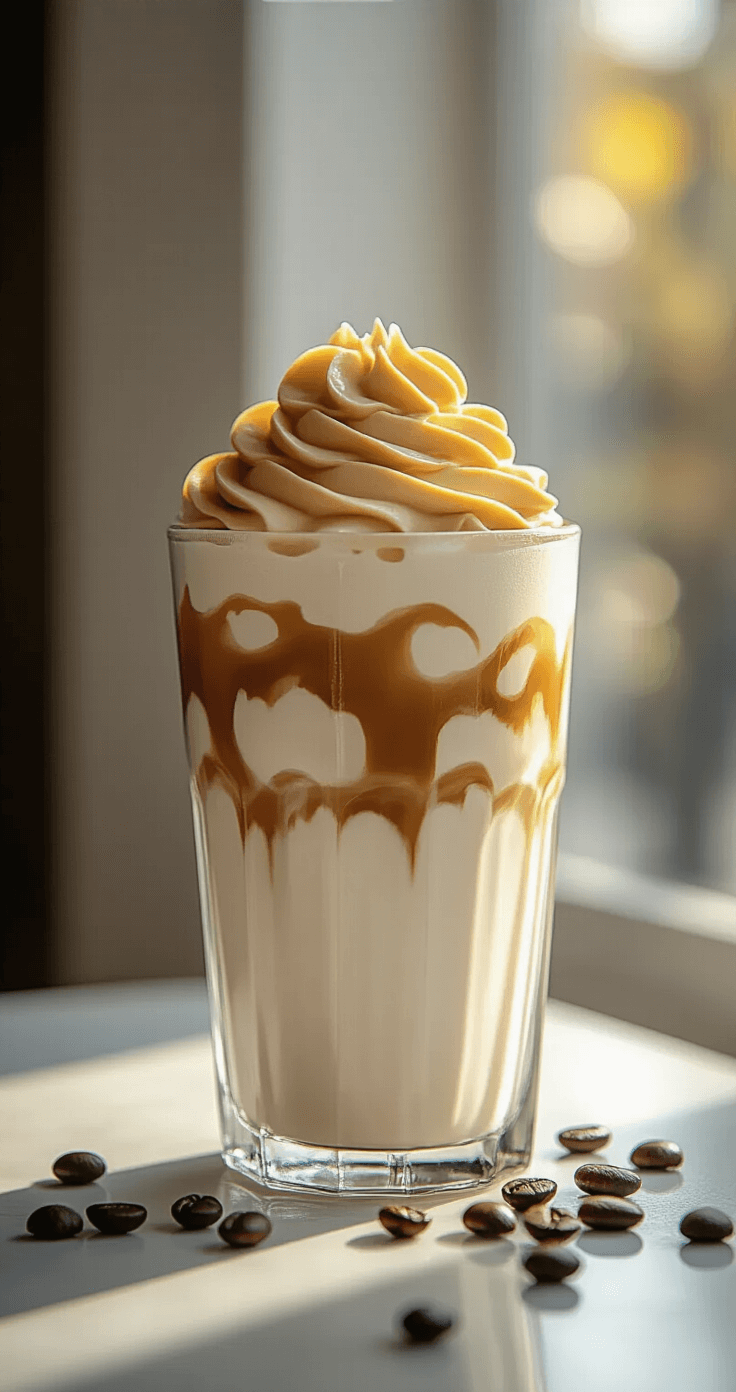 Dalgona Whipped Coffee: The Ultimate Easy Coffee Sensation Elegant tall glass of creamy milk and ice topped with rich whipped coffee, adorned with caramel swirls, in a minimalist cafe setting with coffee beans and condensation droplets, illuminated by natural light.