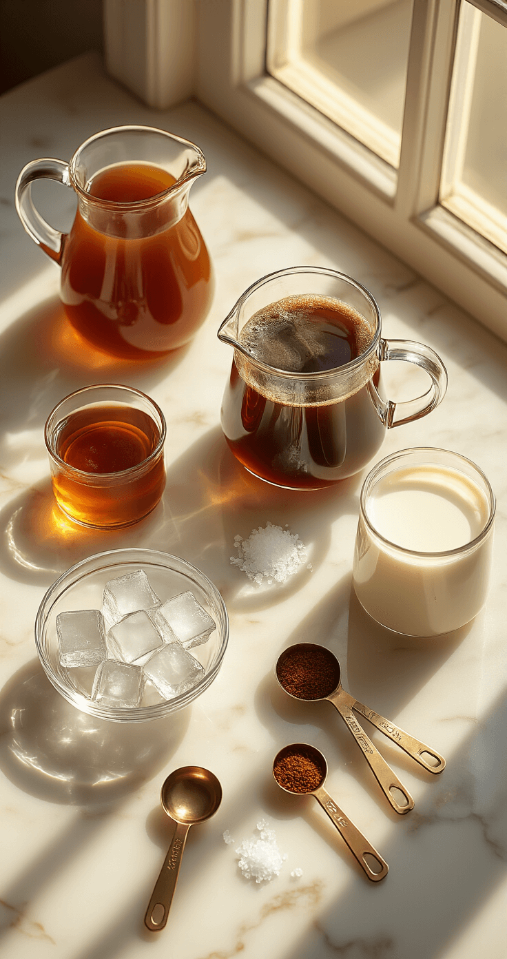 Caramel Iced Coffee: The Ultimate Summer Refreshment Overhead shot of caramel iced coffee ingredients on a marble countertop: amber caramel syrup in a glass pitcher, steaming dark roast coffee in a carafe, sparkling ice cubes, creamy milk in a glass container, scattered sea salt, and gleaming measuring spoons, all illuminated by warm morning light.