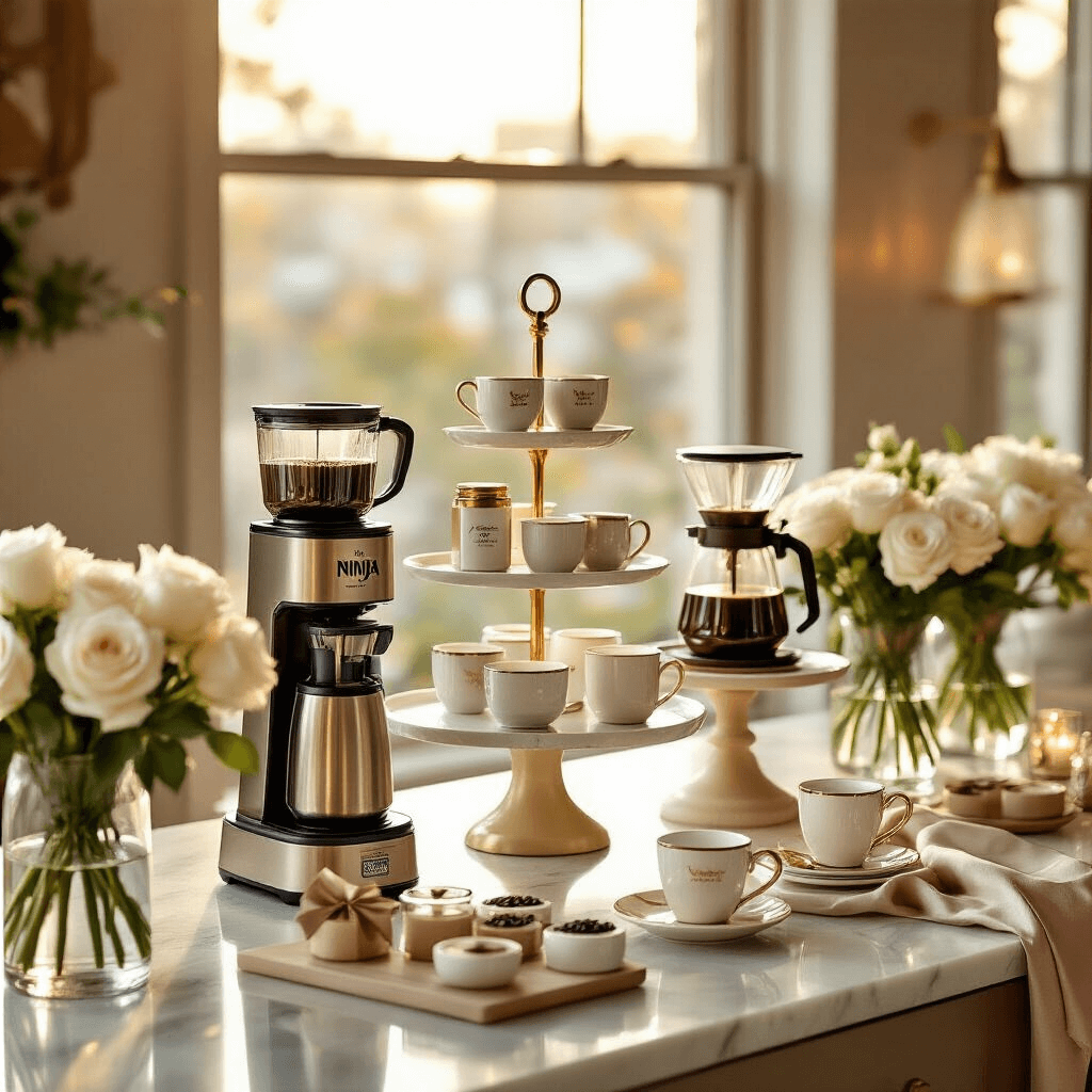 Ninja Coffee Makers: Your Ultimate Home Brewing Companion Detail shot of an elegant coffee bar setup in a modern apartment during golden hour, featuring tiered displays of Ninja coffee makers and artisanal accessories, glassware and ceramic cups on marble stands, gold and ivory tones, silk linens, custom party favors with premium coffee beans, and fresh white roses in glass vases, all bathed in soft natural sunlight.