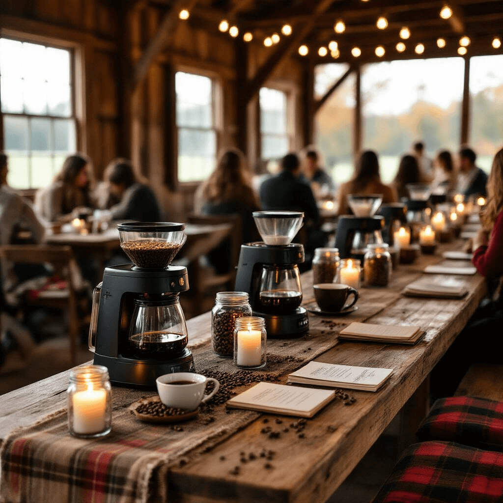 Ninja Coffee Makers: Your Ultimate Home Brewing Companion Close-up of a rustic barn venue set for a cozy coffee cupping party, featuring reclaimed wood tables with Ninja brewing systems, vintage coffee scoops, and tasting journals, surrounded by mason jar centerpieces filled with coffee beans. The intimate atmosphere is enhanced by candlelight from grouped pillar candles in glass hurricanes, warm earth-toned textile runners, and guests on wooden benches with plaid cushions, under fairy lights strung between wooden beams.