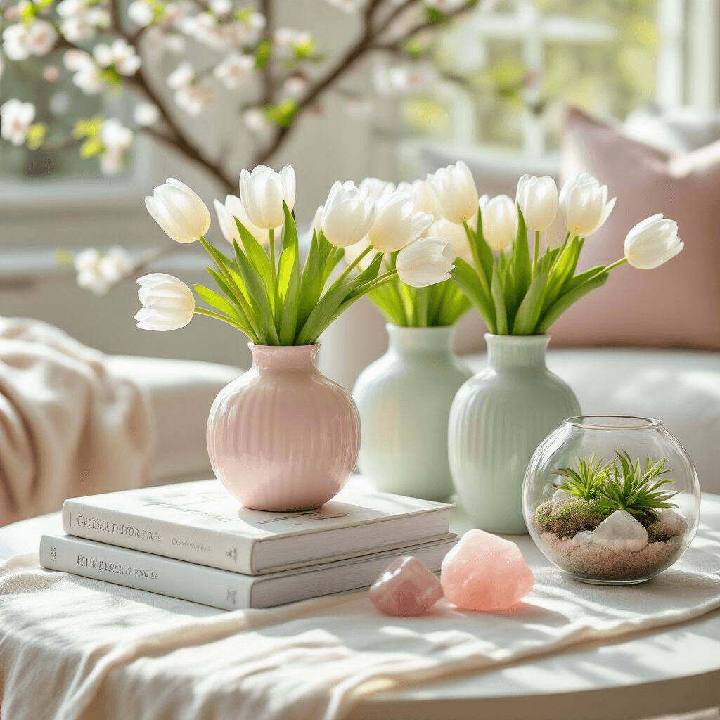 Coffee Table Decor: Transform Your Living Space with Style and Personality A bright, airy living space featuring a spring-themed coffee table with pastel ceramic vases holding white tulips and cherry blossoms, layered coffee table books, a glass terrarium with air plants, rose quartz crystals, and a cream linen table runner, all in a palette of whites, soft pinks, and sage.