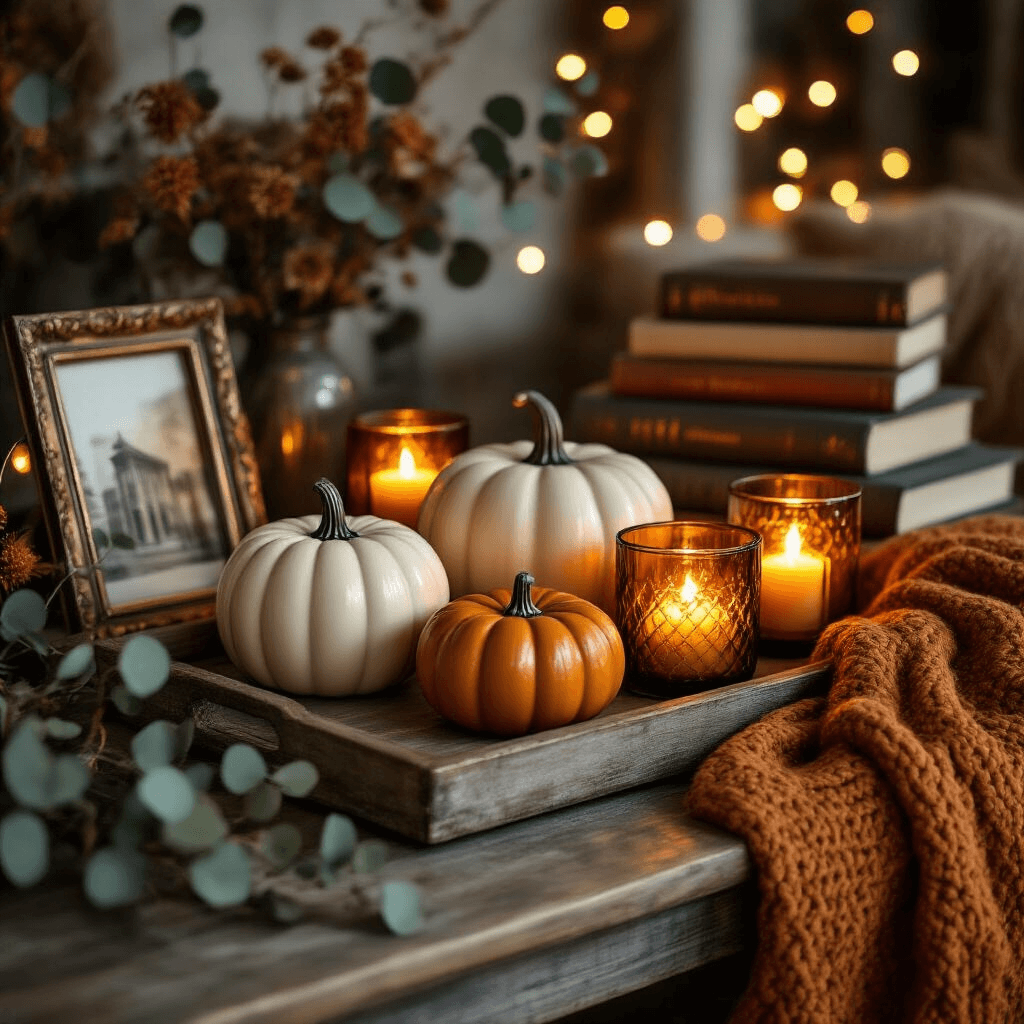 Coffee Table Decor: Transform Your Living Space with Style and Personality Moody evening scene featuring an autumn coffee table display with decorative ceramic pumpkins, amber glass candle holders, a chunky knit throw, copper picture frames, dried eucalyptus, and jewel-toned architecture books, all illuminated by soft string lights.