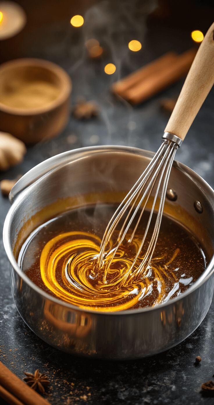 Gingerbread Latte: The Ultimate Homemade Holiday Comfort Drink Cinematic close-up of a stainless steel saucepan with golden molasses and spices simmering, warm kitchen lighting, steam rising, and a cozy holiday atmosphere.