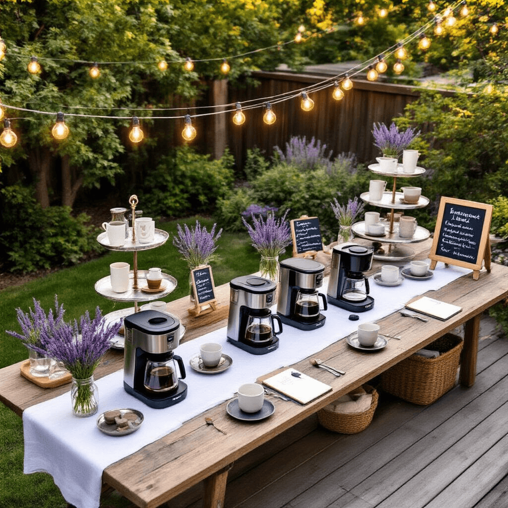 Ninja Coffee Makers: Your Ultimate Home Brewing Companion Overhead shot of a stylish backyard coffee brewing demonstration on a wooden deck, featuring multiple Ninja coffee makers, tiered accessory stands, and a lavender and silver color scheme, with string lights creating an inviting ambiance during golden hour.