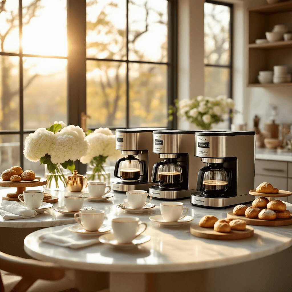 Cuisinart Coffee Makers: The Ultimate Guide to Brewing Perfection at Home Elegant morning coffee tasting event in a modern apartment kitchen with sunlight streaming through large windows, featuring multiple Cuisinart coffee makers, marble countertops, styled tables with white linens, porcelain cups, hydrangeas, and artisanal pastries, all in warm ivory, coffee browns, and gold accents.