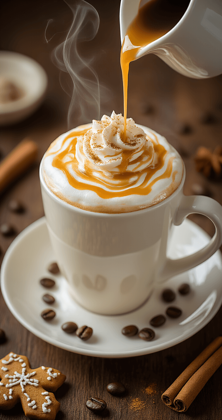 Gingerbread Latte: The Ultimate Homemade Holiday Comfort Drink Elegant overhead view of a gingerbread latte in a white ceramic mug, featuring rich espresso poured over gingerbread syrup, topped with velvety milk foam and whipped cream, dusted with cinnamon, all set on a rustic wooden table with scattered coffee beans and cinnamon sticks, in warm ambient lighting with steam rising.