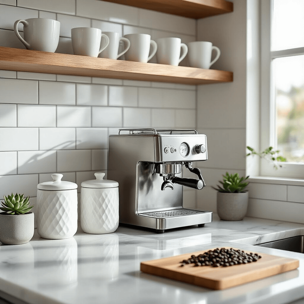 Create an Irresistible Home Coffee Bar: Your Ultimate Guide to Brewing Style and Functionality Photorealistic modern minimalist kitchen coffee bar featuring white subway tiles, marble countertops with a stainless steel espresso machine, geometric ceramic canisters, a wooden cutting board with coffee beans, and a floating shelf with white mugs, all illuminated by soft morning light.
