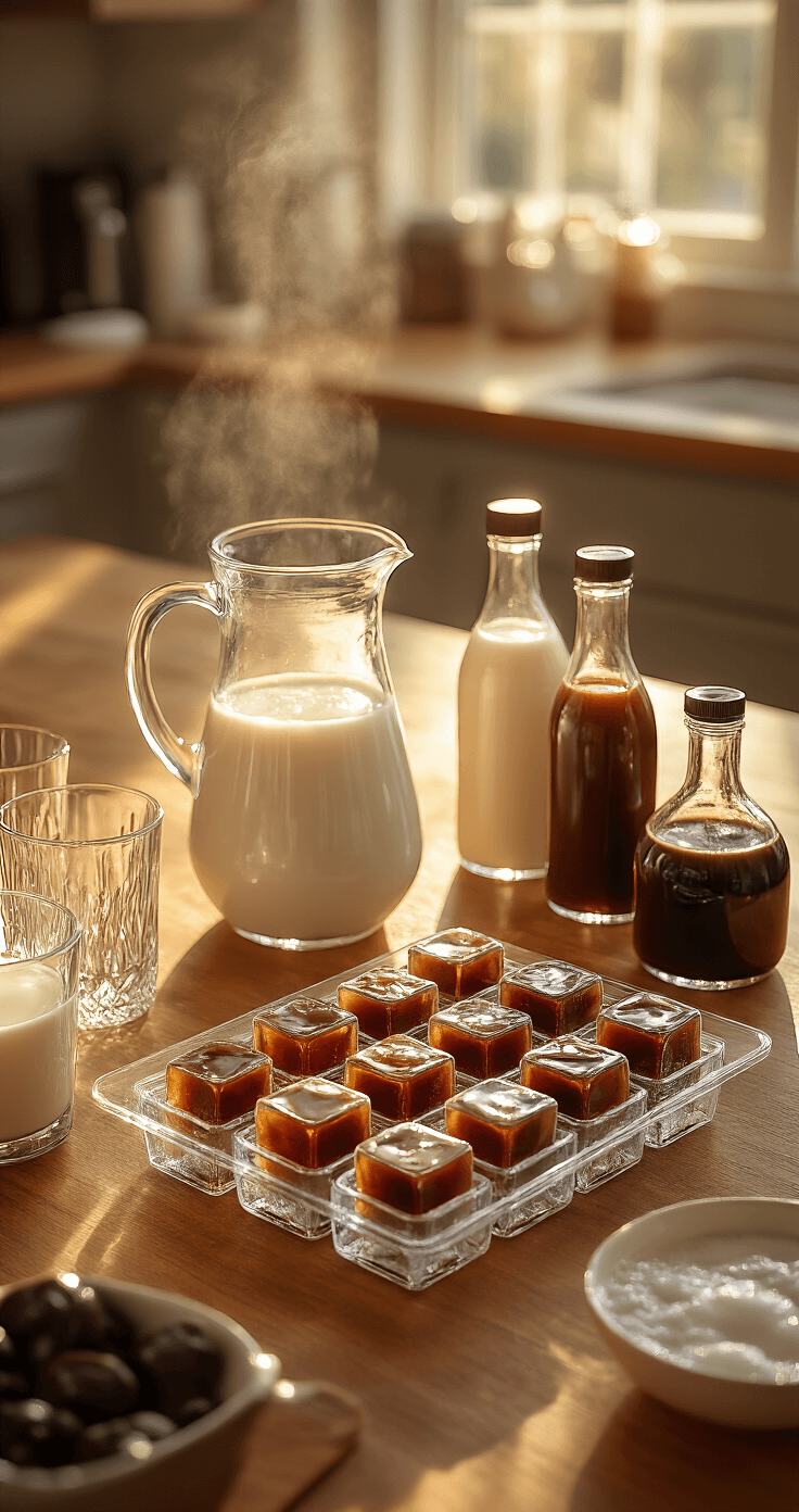 Peppermint Mocha Frappe: Your Ultimate Holiday Coffee Escape Cinematic overhead shot of a pristine kitchen counter with warm morning light, featuring coffee ice cubes, a glass pitcher of milk, chocolate syrup and peppermint extract, and chilled glasses, with steam rising from freshly brewed coffee.