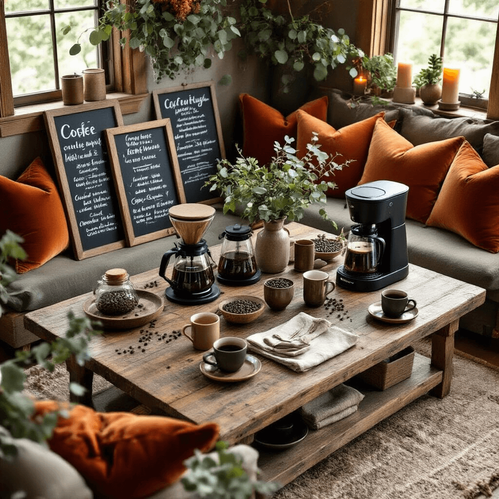 Cuisinart Coffee Makers: The Ultimate Guide to Brewing Perfection at Home Overhead flat lay of a cozy living room brunch setup featuring a rustic wood coffee table with vintage coffee makers, low seating with velvet pillows, hand-lettered chalkboard signs, mason jars of coffee beans, ceramic mugs, eucalyptus garlands, and warm candlelight, all bathed in soft morning light.