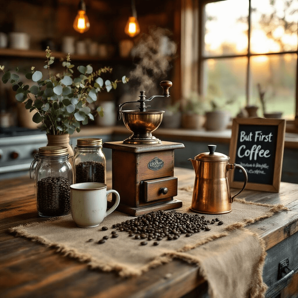Create an Irresistible Home Coffee Bar: Your Ultimate Guide to Brewing Style and Functionality Intimate overhead view of a rustic coffee bar in a cozy farmhouse kitchen, featuring weathered wood countertops, vintage brass accessories, a manual coffee grinder, mason jars of dark roast beans, and a copper French press with steam, all illuminated by warm amber lighting during golden hour.