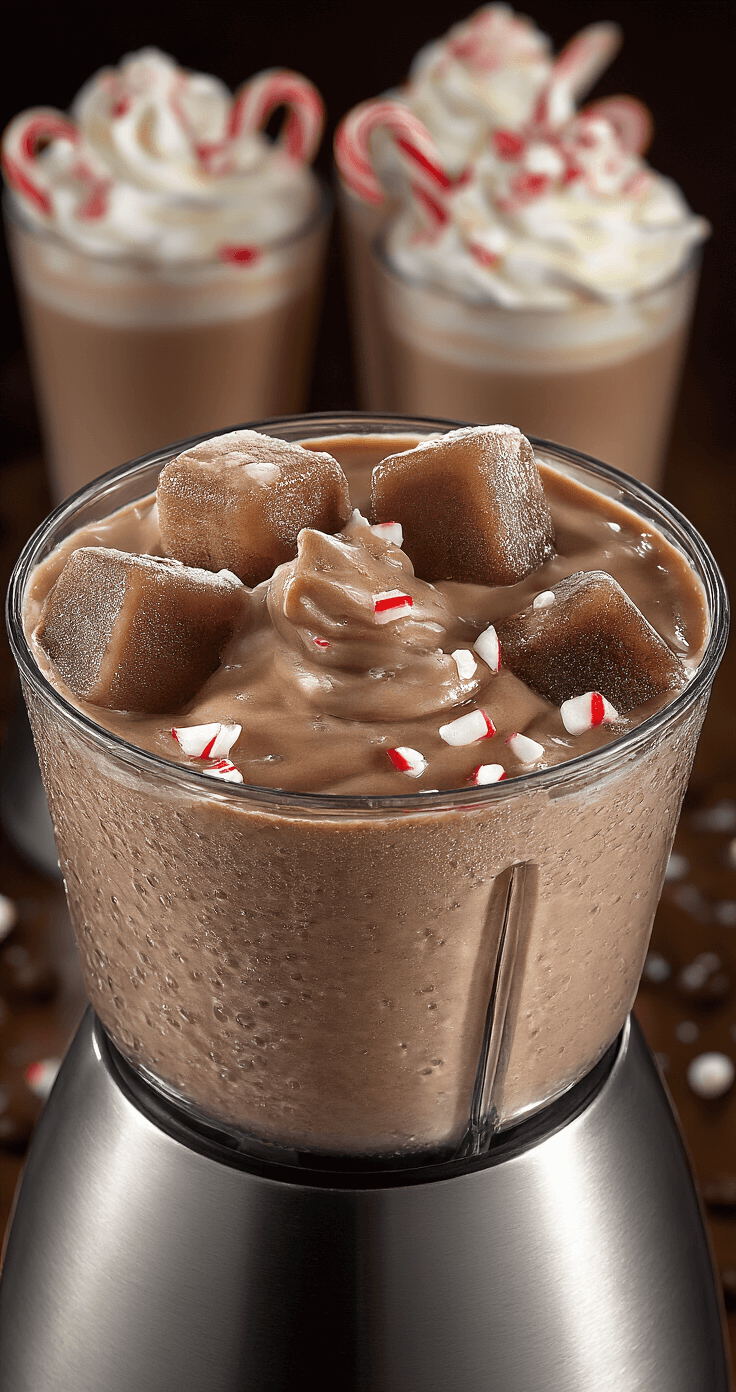 Peppermint Mocha Frappe: Your Ultimate Holiday Coffee Escape Dynamic close-up of a stainless steel blender blending frozen coffee cubes into a creamy chocolatey peppermint frappe, with condensation on the sides and glasses in the background topped with whipped cream and candy cane garnishes.