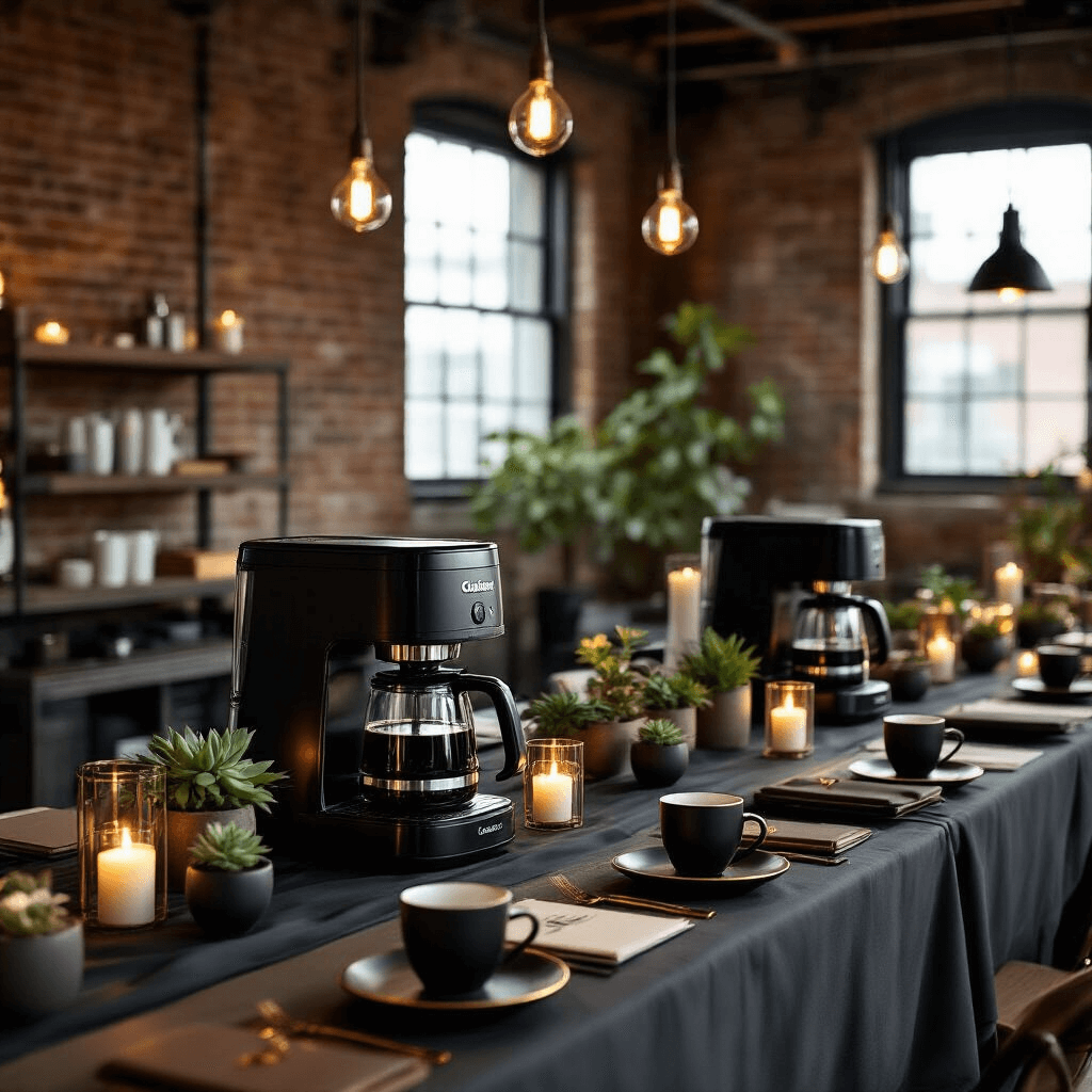 Cuisinart Coffee Makers: The Ultimate Guide to Brewing Perfection at Home Close-up detail of an elegant coffee maker launch event featuring Cuisinart models on charcoal silk-covered tables in an industrial loft, illuminated by pendant lighting and candles, surrounded by minimalist place settings and coffee accessories.