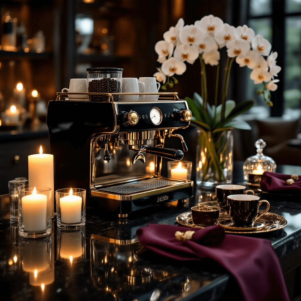 Create an Irresistible Home Coffee Bar: Your Ultimate Guide to Brewing Style and Functionality Cinematic close-up of a luxurious coffee bar setup featuring polished black granite countertops, a gold-accented espresso machine, crystal decanters of coffee beans, and elegant decorative elements, illuminated by candlelight in a sophisticated dining room.