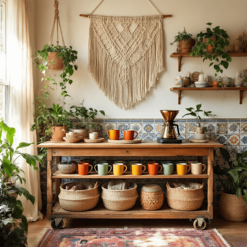 Create an Irresistible Home Coffee Bar: Your Ultimate Guide to Brewing Style and Functionality Wide-angle shot of a boho-style coffee bar on a vintage wooden cart in a sunlit living room corner, featuring colorful ceramic mugs, a brass pour-over setup, potted plants, macramé wall hangings, and Moroccan-inspired tiles.