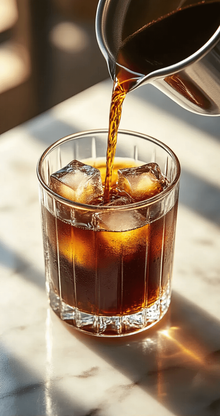 Cold Brew with Sweet Cream Foam: Your Ultimate Homemade Guide Overhead shot of a cold brew coffee preparation station with a glass filled with ice cubes, dark amber coffee pouring from a pitcher, and a marble countertop under warm morning light, featuring soft bokeh in the background.