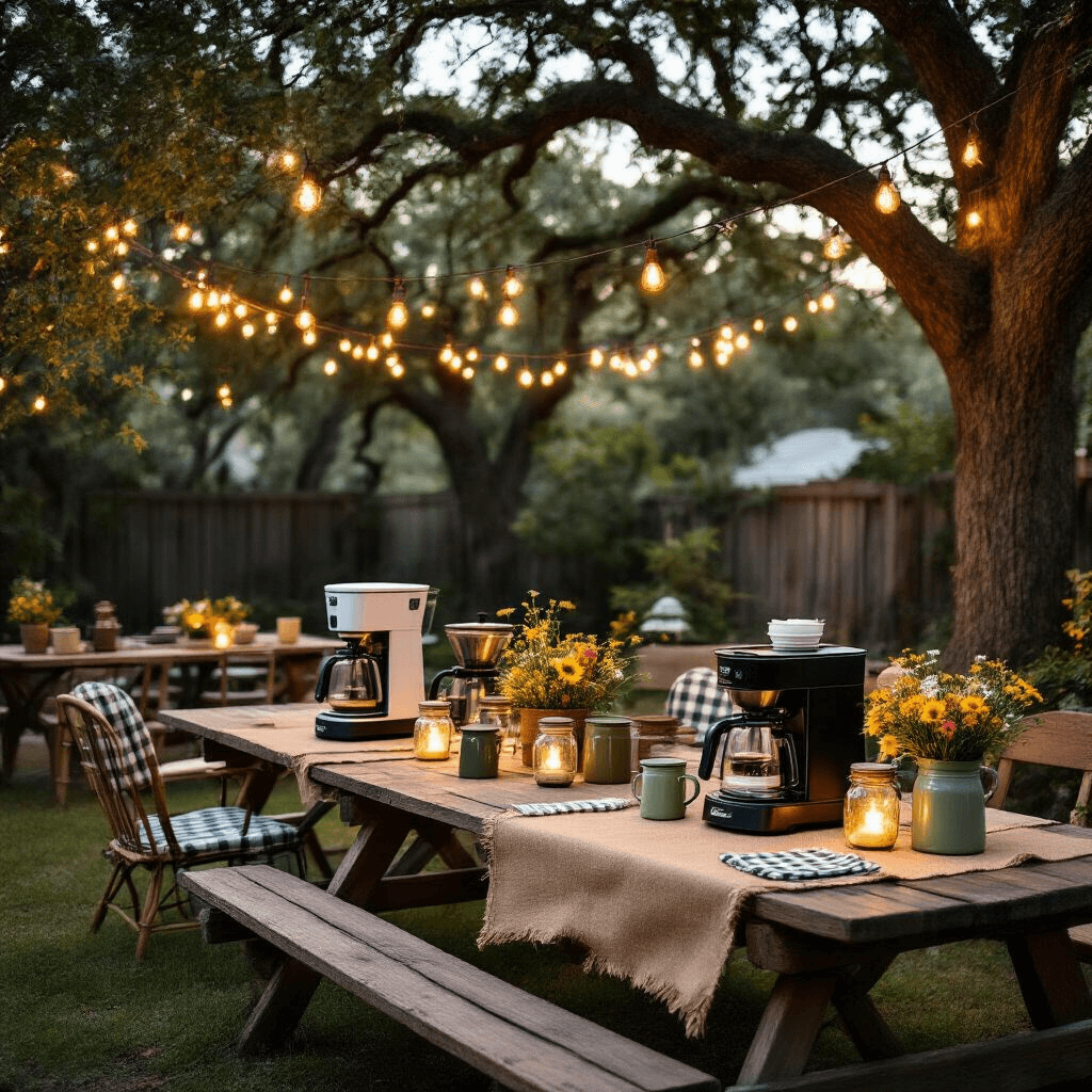 Cuisinart Coffee Makers: The Ultimate Guide to Brewing Perfection at Home Whimsical backyard coffee brewing workshop with rustic picnic tables, Cuisinart coffee makers, string lights, mason jar lanterns, and vintage decor, creating a cozy educational atmosphere at twilight.