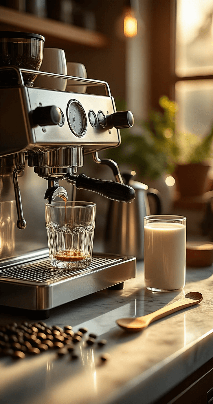 Classic Iced Latte: The Ultimate Refreshing Coffee Drink Cinematic close-up of a pristine coffee setup featuring a chrome espresso machine, a tall glass, a wooden stirrer, a sleek milk frother, and scattered coffee beans on a marble countertop, illuminated by warm morning light.