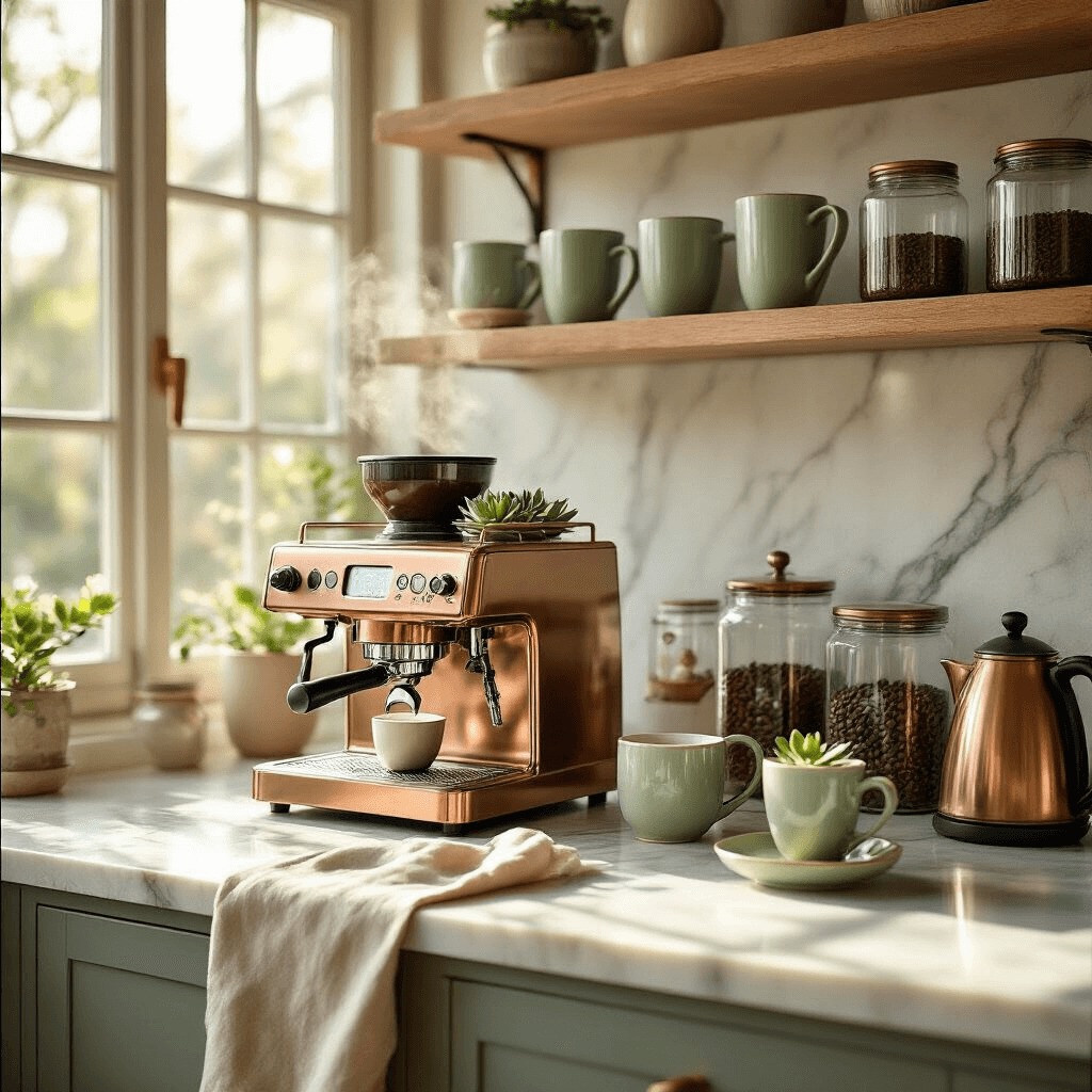How to Create the Perfect Home Coffee Bar: A Comprehensive Guide Cinematic wide-angle shot of an elegant kitchen coffee bar with a marble countertop, copper espresso machine, digital scale, and electric kettle, illuminated by morning sunlight; features cream and sage ceramic mugs, glass jars of coffee beans, and succulents on floating shelves, with a silk linen runner and steam rising from an espresso shot in a ceramic cup.