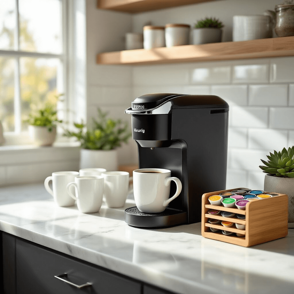 The Ultimate Guide to Creating a Stunning Keurig Coffee Bar: From Setup to Style Photorealistic wide-angle shot of a modern kitchen coffee bar featuring a sleek black Keurig K-Elite on white marble countertops, with soft morning sunlight, minimalist white mugs, a bamboo K-Cup organizer, and a small succulent, against a backdrop of white subway tiles and floating shelves.