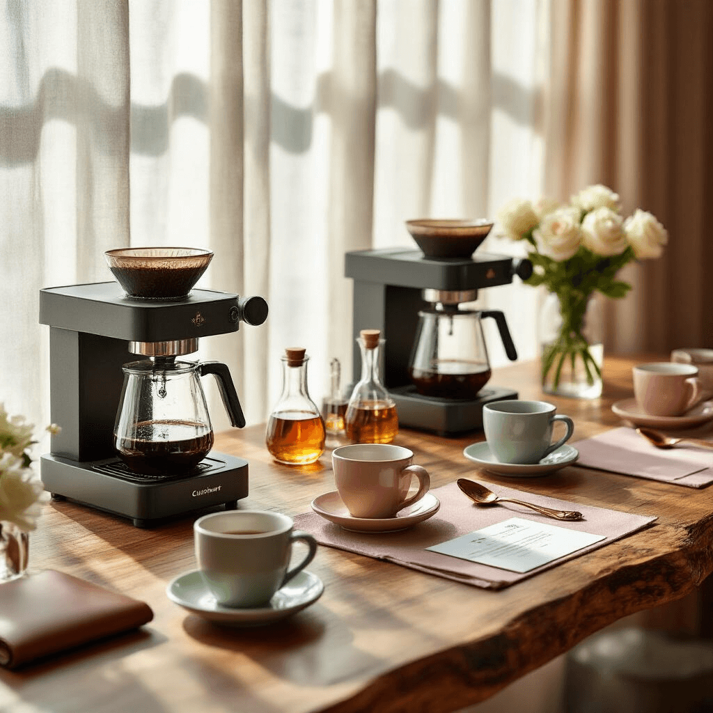 Cuisinart Coffee Makers: The Ultimate Guide to Brewing Perfection at Home Intimate coffee cupping session in a boutique cafe, featuring a live-edge walnut table with Cuisinart brewing stations, tasting spoons, scorecards, and handcrafted ceramic cups in muted pastels, surrounded by fresh white roses and blush pink linen placemats, all illuminated by soft natural light.