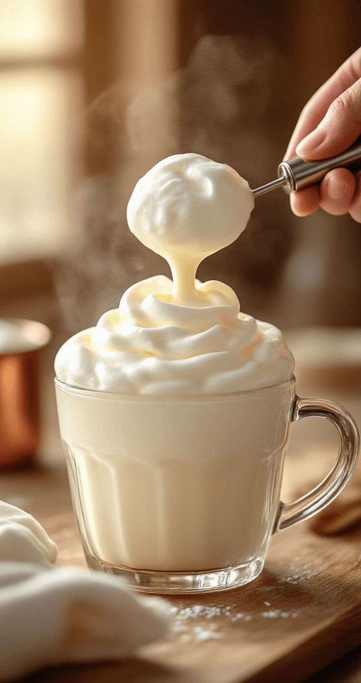 Cold Brew with Sweet Cream Foam: Your Ultimate Homemade Guide Close-up of a handheld milk frother creating billowy pale cream foam, with droplets of heavy cream and vanilla syrup in a glass measuring cup, set against a rustic wooden background with warm golden lighting.
