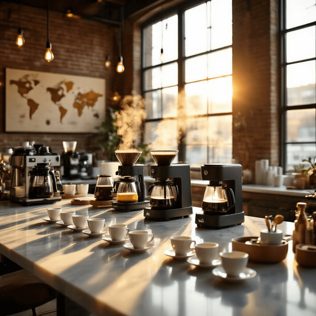 The Best Coffee Makers of 2025: A Comprehensive Guide to Brewing Excellence Photorealistic image of a coffee tasting event in a modern loft, featuring a marble communal table with four premium coffee makers brewing coffee, warm sunlight streaming through large windows, steam rising from white ceramic cups, and a professional barista demonstrating techniques to an attentive crowd, all amidst exposed brick walls and Edison bulb lighting.