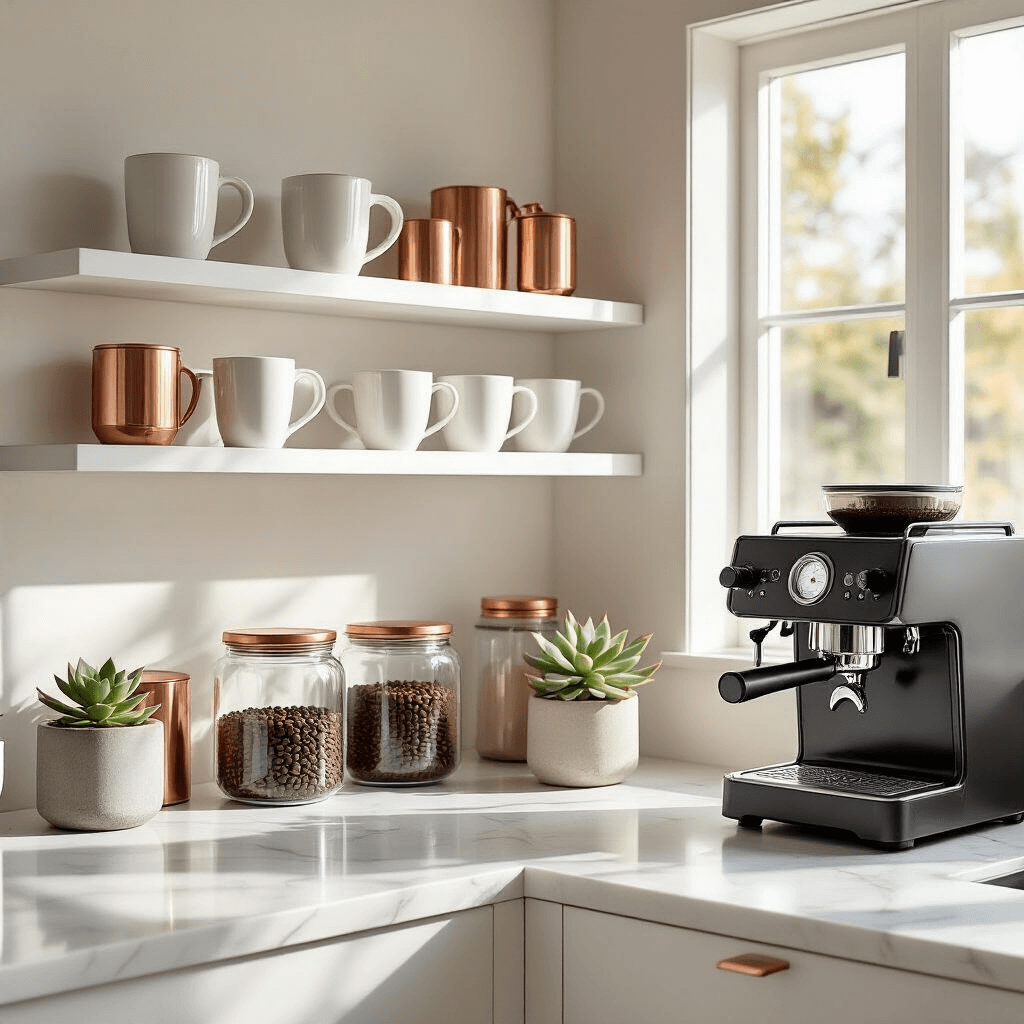 Creating the Perfect Coffee Corner: Your Ultimate Home Sanctuary A minimalist coffee corner in a modern kitchen nook, featuring white floating shelves with ceramic mugs, a premium espresso machine on marble countertops, geometric copper accessories, and a succulent in a concrete planter, all bathed in soft morning sunlight.