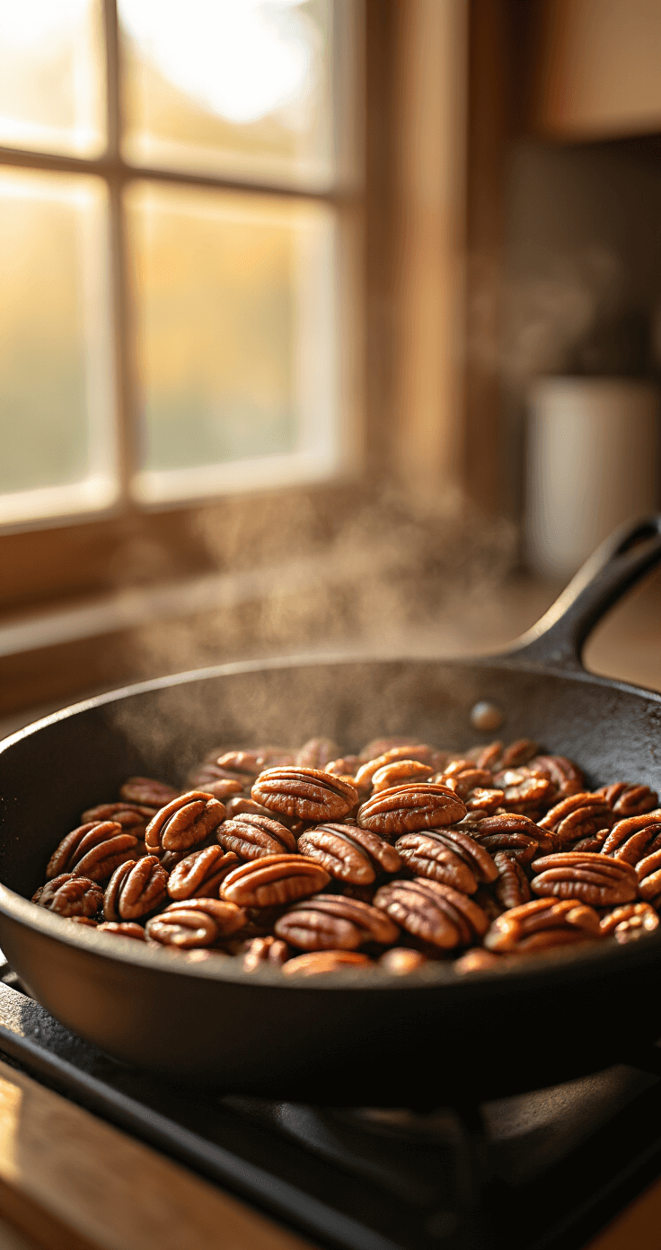 Maple Pecan Latte - Your Cozy Autumn Coffee Companion Cinematic close-up of golden-brown toasted pecans in a warm cast iron skillet, with steam rising and soft morning light creating a cozy autumn atmosphere.