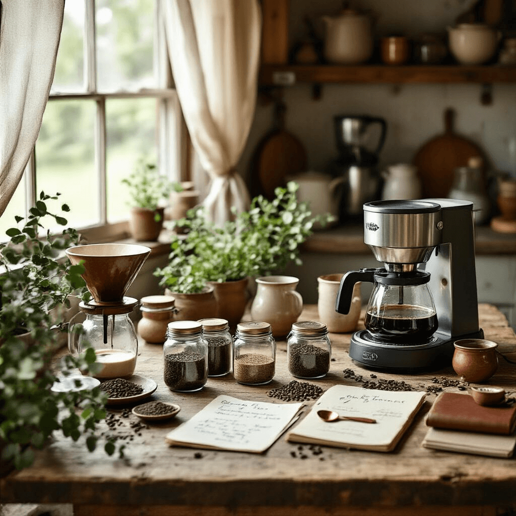 The Best Coffee Makers of 2025: A Comprehensive Guide to Brewing Excellence Cozy farmhouse kitchen flat-lay with coffee equipment, grind samples, handwritten notes, and natural light, featuring a Technivorm Moccamaster, vintage spoons, and potted herbs.
