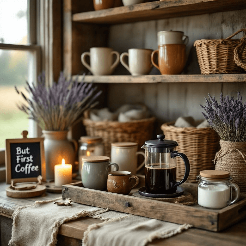 Creating the Perfect Coffee Corner: Your Ultimate Home Sanctuary Intimate close-up of a farmhouse coffee corner featuring weathered wood shelves with vintage mugs and woven baskets, a rustic wooden tray with a French press and mason jars, candlelight illuminating burlap runners and lavender, set in warm terracotta, sage green, and cream tones, with linen napkins and a chalkboard sign reading 'But First Coffee'.