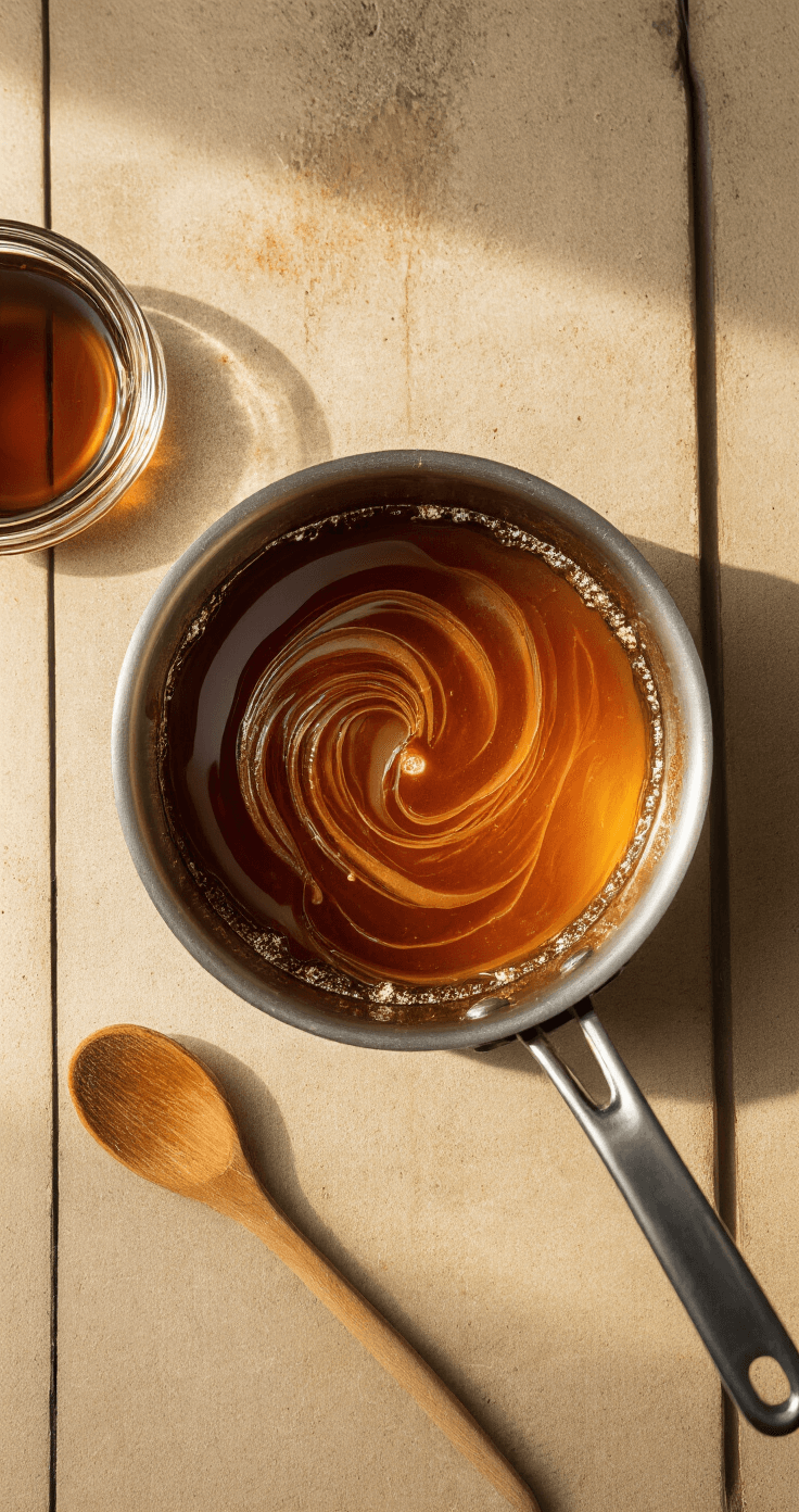 Maple Pecan Latte - Your Cozy Autumn Coffee Companion Overhead view of a saucepan on a rustic stovetop, bubbling maple syrup with brown sugar and cinnamon, showcasing glossy caramel swirls and warm golden lighting, with a wooden spoon nearby.
