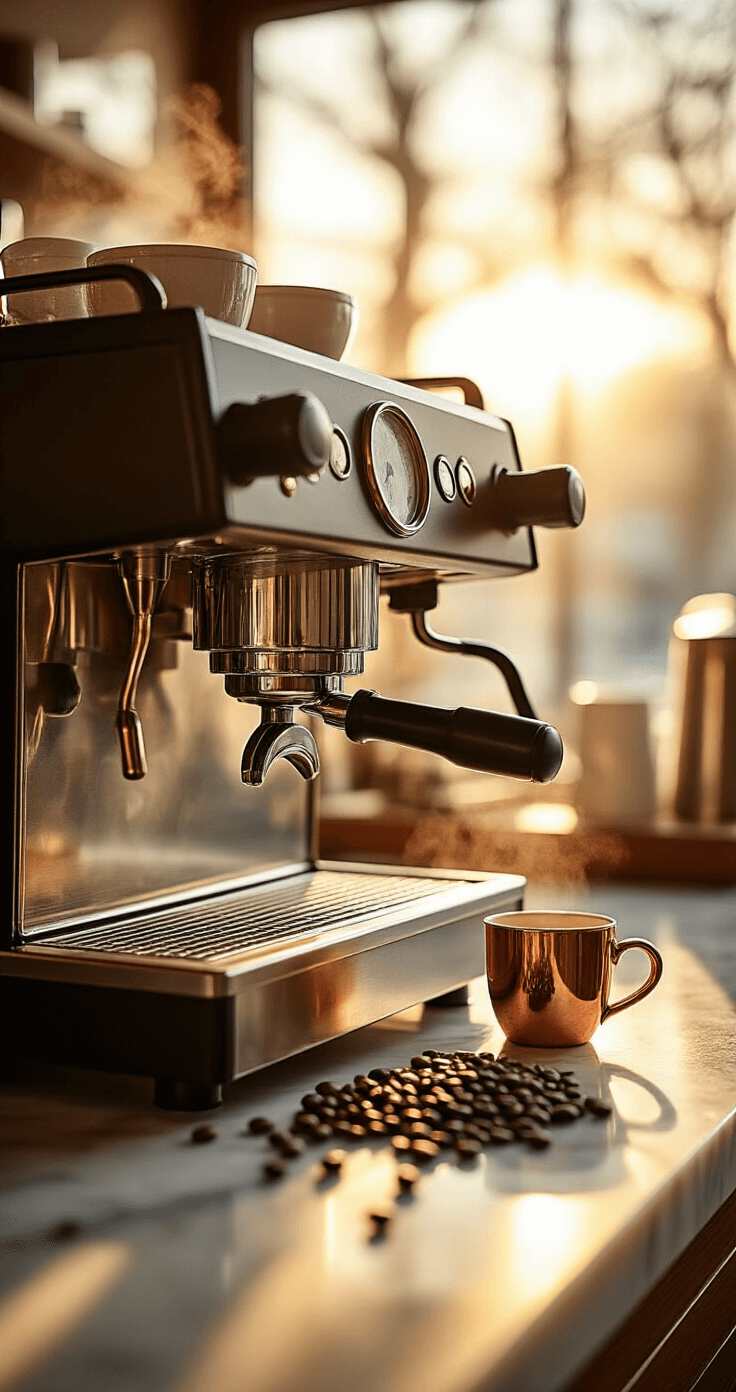 Homemade Espresso Macchiato: The Ultimate Guide to Crafting the Perfect Italian Coffee Drink Cinematic close-up of a pristine espresso machine in warm morning light, with steam rising from the group head, scattered coffee beans on a marble counter, and a copper-toned cup beneath the portafilter, depicting a professional café ambiance.