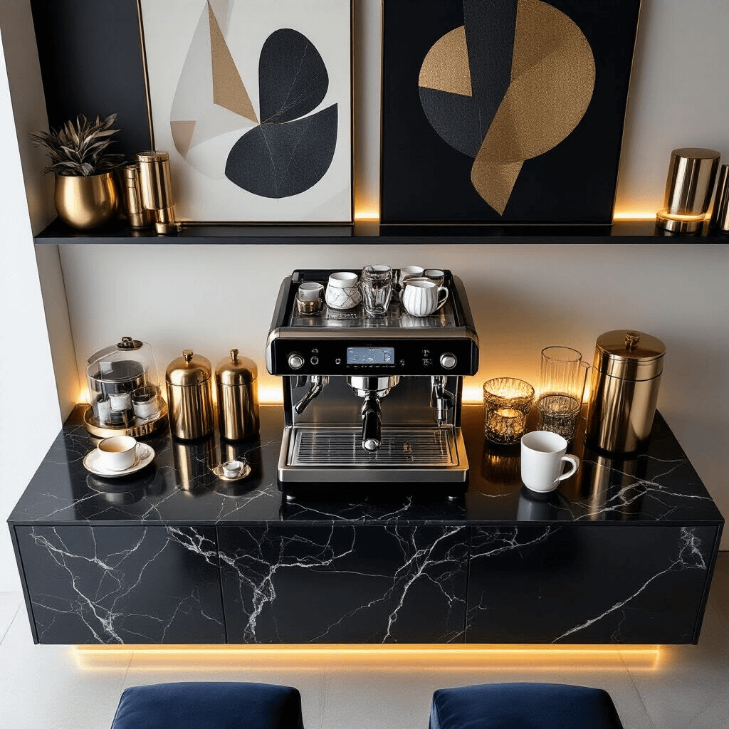 Creating the Perfect Coffee Corner: Your Ultimate Home Sanctuary Cinematic overhead view of an elegant coffee corner on black marble, featuring a modern espresso machine, geometric gold and silver accessories, metallic canisters, and crystal glassware, with deep navy velvet cushions and contemporary artwork in the background.