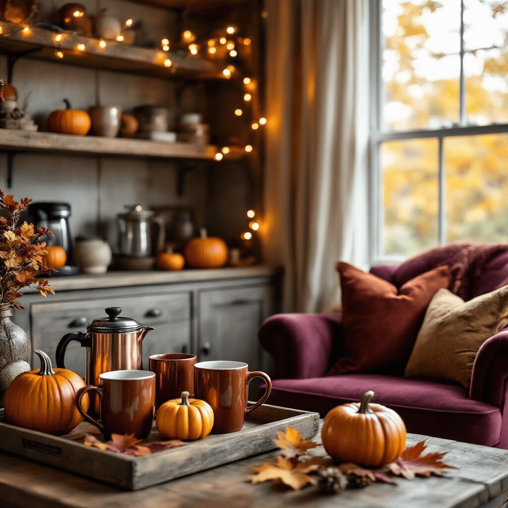 Creating the Perfect Coffee Corner: Your Ultimate Home Sanctuary A cozy autumn coffee corner in a home office with warm amber fairy lights, pumpkin spice-colored mugs, a copper French press, and decorative pumpkins, complemented by a plush burgundy armchair and seasonal accents like mini pumpkins, autumn leaves, and cinnamon sticks on a weathered wood tray, all illuminated by late afternoon sunlight.