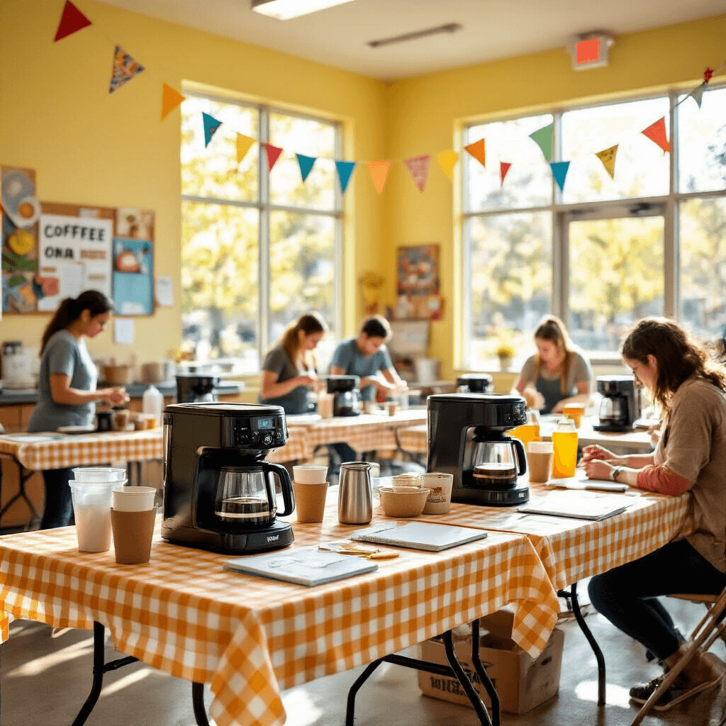 The Best Coffee Makers of 2025: A Comprehensive Guide to Brewing Excellence Wide-angle view of a vibrant coffee brewing workshop with Ninja DualBrew Pro and CE251 models on gingham-covered tables in a sunny community center, featuring colorful bunting and signs, participants with notebooks and thermoses, and a warm color palette.