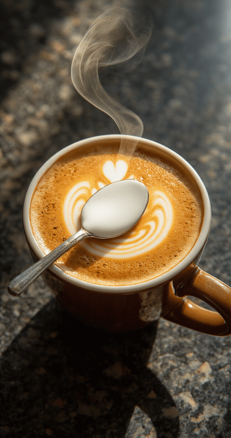 Homemade Espresso Macchiato: The Ultimate Guide to Crafting the Perfect Italian Coffee Drink A dramatic overhead shot of a macchiato being assembled, featuring rich hazelnut crema, delicate white milk foam, and steam rising, against a dark granite surface with warm golden hour lighting.