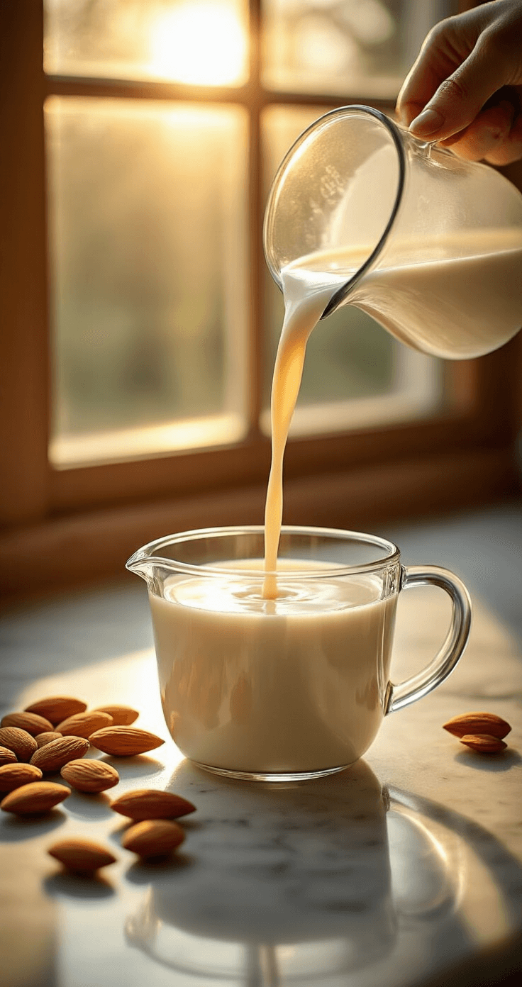 How to Make the Perfect Almond Milk Iced Latte at Home A close-up of creamy almond milk being poured from a glass pitcher into a measuring cup, illuminated by warm morning sunlight on a marble countertop with whole almonds scattered around.