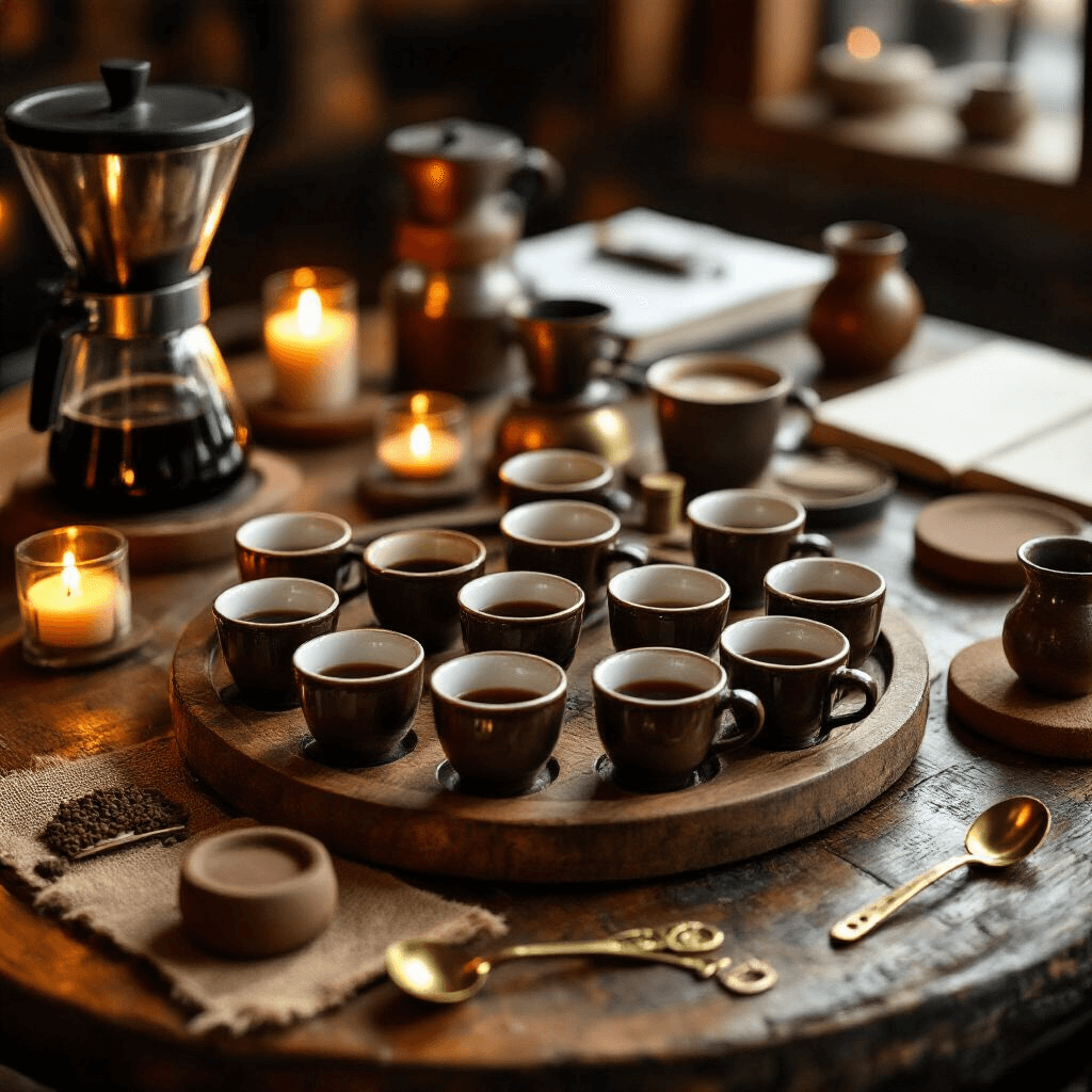 The Best Coffee Makers of 2025: A Comprehensive Guide to Brewing Excellence Close-up of an intimate coffee cupping session in a candlelit cafe, showcasing a round reclaimed wood table with a Moccamaster, arranged tasting cups labeled by coffee origin, and warm lighting illuminating brass spoons and leather journals, surrounded by textured elements like burlap sacks and ceramics.