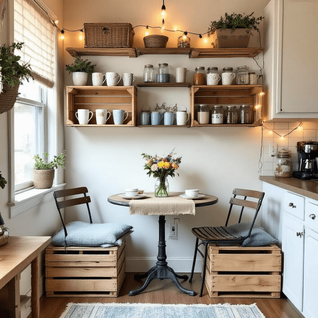 Creating the Perfect Coffee Corner: Your Ultimate Home Sanctuary A cozy budget-friendly coffee corner in a compact kitchen, featuring wooden crate shelving with vintage mugs, repurposed jars, a small bistro table with metal chairs, a burlap runner, fresh flowers in a mason jar, warm string lights, and a pastel area rug.
