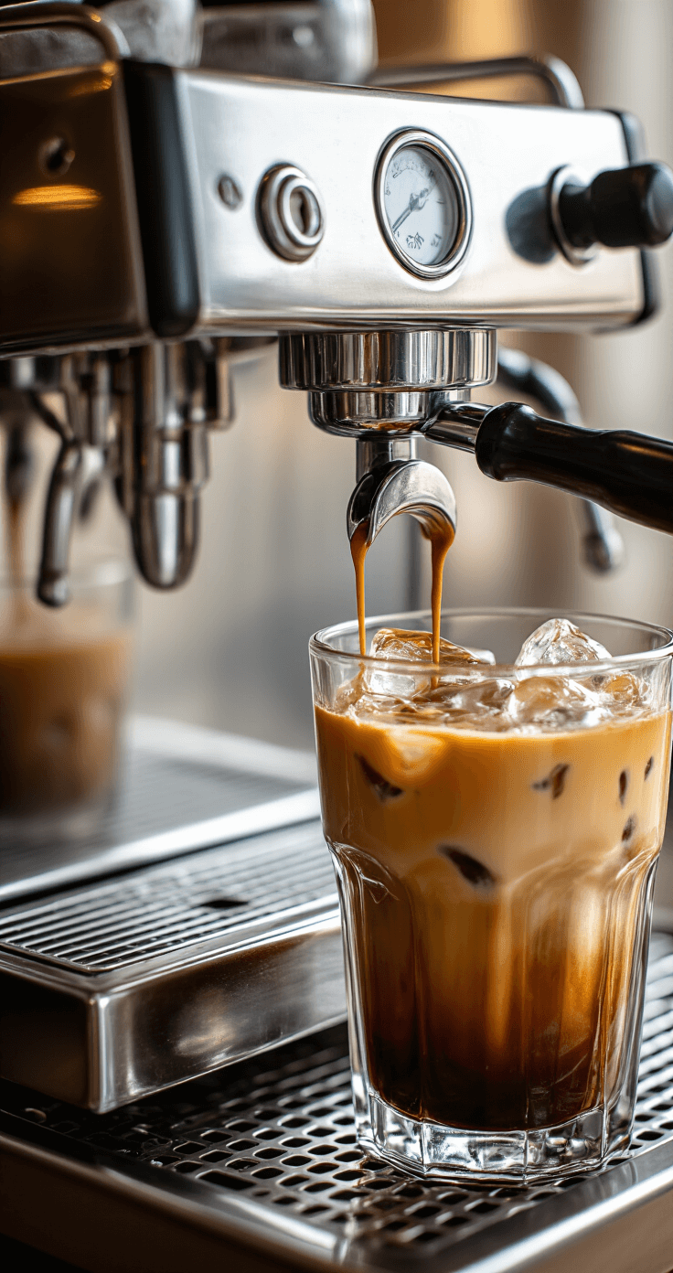 How to Make the Perfect Almond Milk Iced Latte at Home An atmospheric shot of rich dark espresso shots being pulled from a chrome machine, with steam rising and amber-brown crema forming, beside a tall glass of ice cubes, all in soft, diffused lighting.