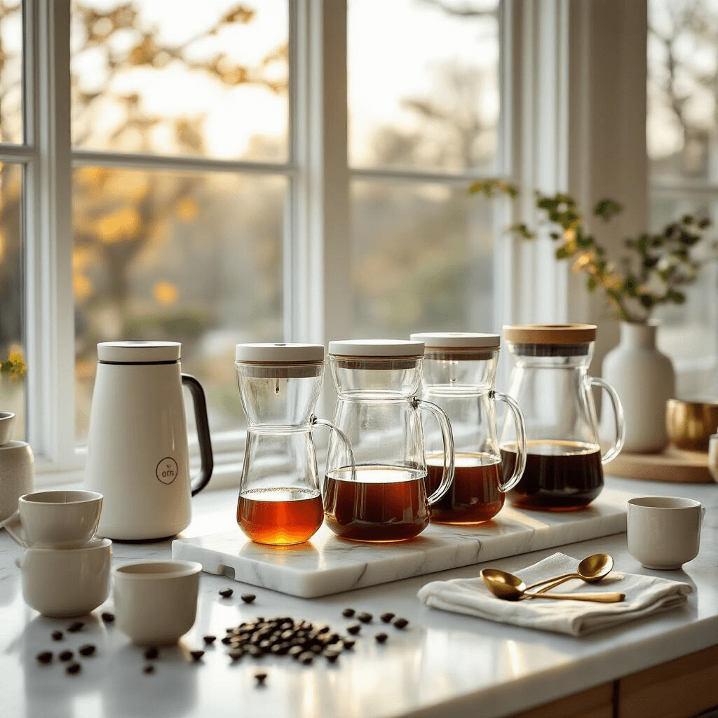 The Ultimate Guide to Cold Brew Coffee Makers: Brewing Perfection at Home A modern kitchen countertop bathed in soft morning light, showcasing an elegant cold brew coffee tasting setup with OXO and Takeya glass makers, ceramic tasting cups filled with amber cold brew, scattered coffee beans, brass measuring spoons, and linen napkins, all arranged on white marble surfaces.