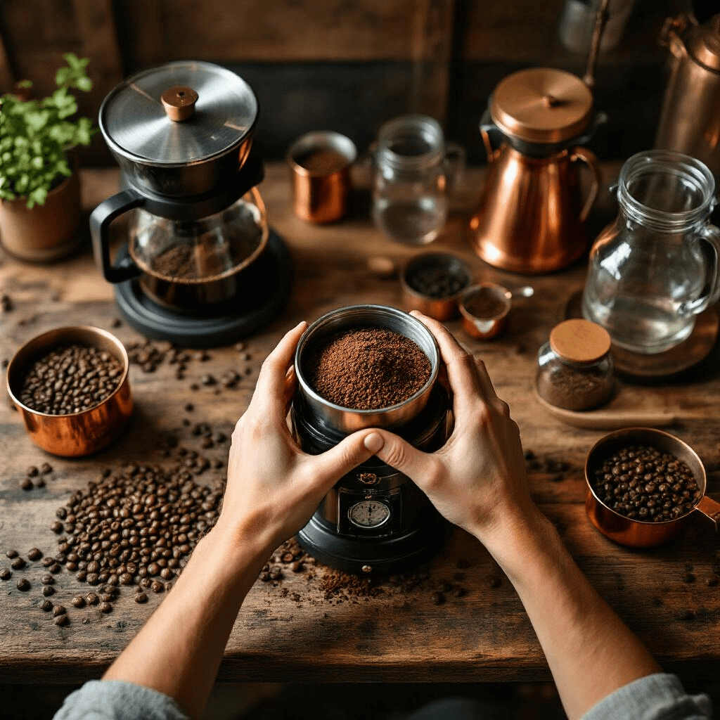 The Ultimate Guide to Cold Brew Coffee Makers: Brewing Perfection at Home An intimate kitchen workspace in warm golden hour light, featuring hands grinding coarse coffee beans with a burr grinder, rustic wooden countertops displaying cold brew makers, copper measuring tools, glass mason jars with coffee grounds, filtered water carafes, and scattered coffee beans, all highlighting the cold brew coffee making process in earth tones.