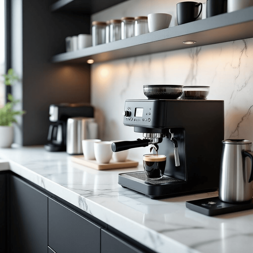 Crafting the Perfect Coffee Station: Your Ultimate Guide to Creating a Brew-tiful Space A modern minimalist coffee station in a sleek apartment kitchen, featuring a white marble countertop with a matte black espresso machine, geometric glass storage containers, and white ceramic cups on floating shelves, all illuminated by soft morning light.