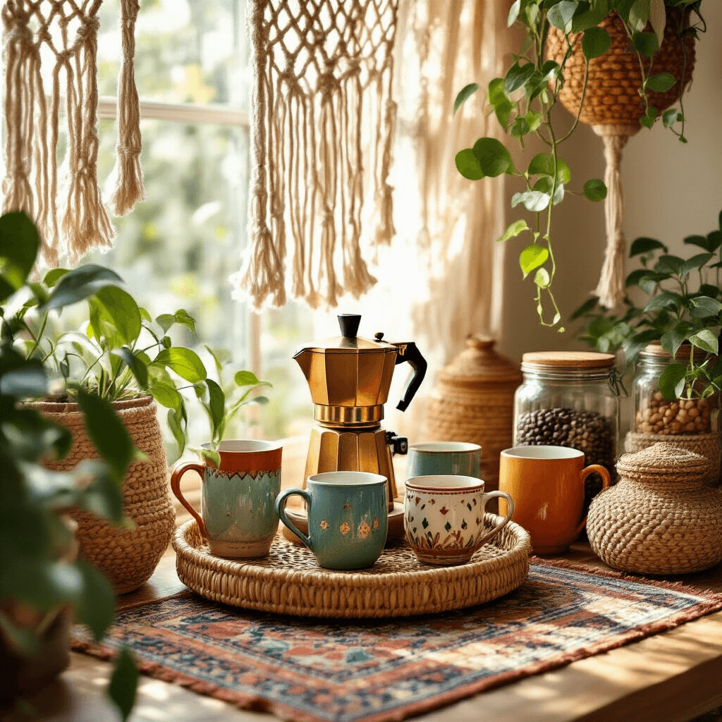 Crafting the Perfect Coffee Station: Your Ultimate Guide to Creating a Brew-tiful Space A boho-style coffee station in a sunlit dining nook featuring a vintage brass espresso maker on a round rattan tray, surrounded by colorful hand-painted ceramic mugs, woven storage baskets, and cascading pothos plants, all bathed in warm golden hour light filtering through macrame curtains.