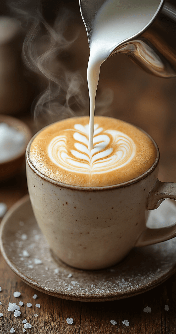Salted Caramel Mocha: Your Ultimate Homemade Coffeehouse Delight Atmospheric overhead shot of creamy frothed milk being poured into a dark coffee mixture in a ceramic mug, creating intricate latte art swirls, with soft lighting, scattered whipped cream dollops and sea salt crystals, and steam rising in a cozy café setting.