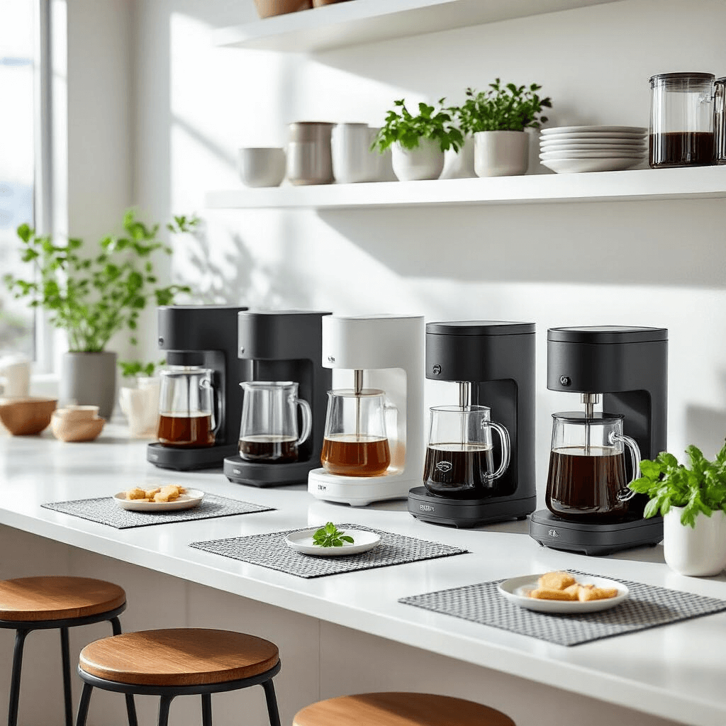 The Ultimate Guide to Cold Brew Coffee Makers: Brewing Perfection at Home A modern kitchen with a cold brew maker comparison display on white countertops, featuring various styles and price points of brewing systems, minimalist decor, and natural lighting highlighting the sleek design.