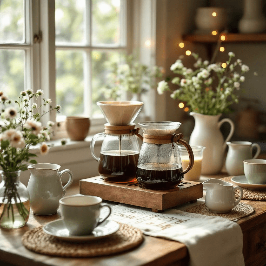 The Ultimate Guide to Cold Brew Coffee Makers: Brewing Perfection at Home A cozy breakfast nook illuminated by soft morning light, showcasing a vintage wooden sideboard with glass cold brew makers, ceramic cups, cream pitchers, and homemade brewing charts, surrounded by linen table runners and woven placemats in cream and sage tones, with fresh flowers and handwritten notes, capturing the brewing process with fairy lights enhancing the warm ambiance.