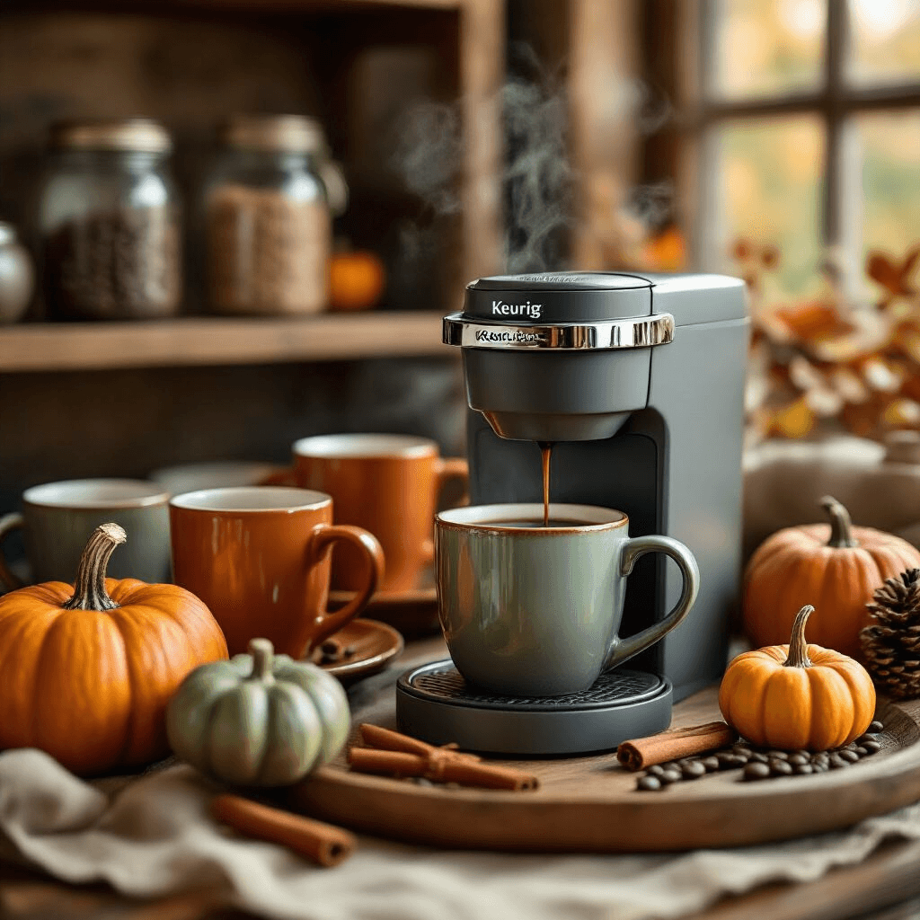The Ultimate Guide to Creating a Stunning Keurig Coffee Bar: From Setup to Style Cozy autumn-themed coffee bar corner featuring a slate gray Keurig K-Mini, pumpkin-colored mugs, cinnamon sticks, and decorative gourds, all bathed in warm golden hour lighting. Textured linen placemats and a vintage wooden tray complement the rich terracotta and sage green palette, with steam rising from a freshly brewed cup. Rustic wood shelving blurred in the background showcases mason jars filled with coffee beans, captured in intricate detail with a macro lens.